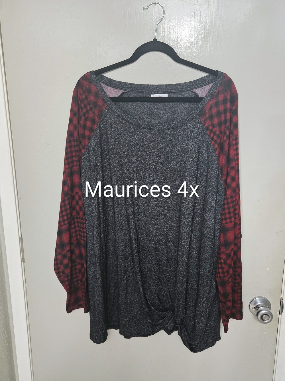 Maurices Gray Knit Top with Red Plaid Raglan Sleeves